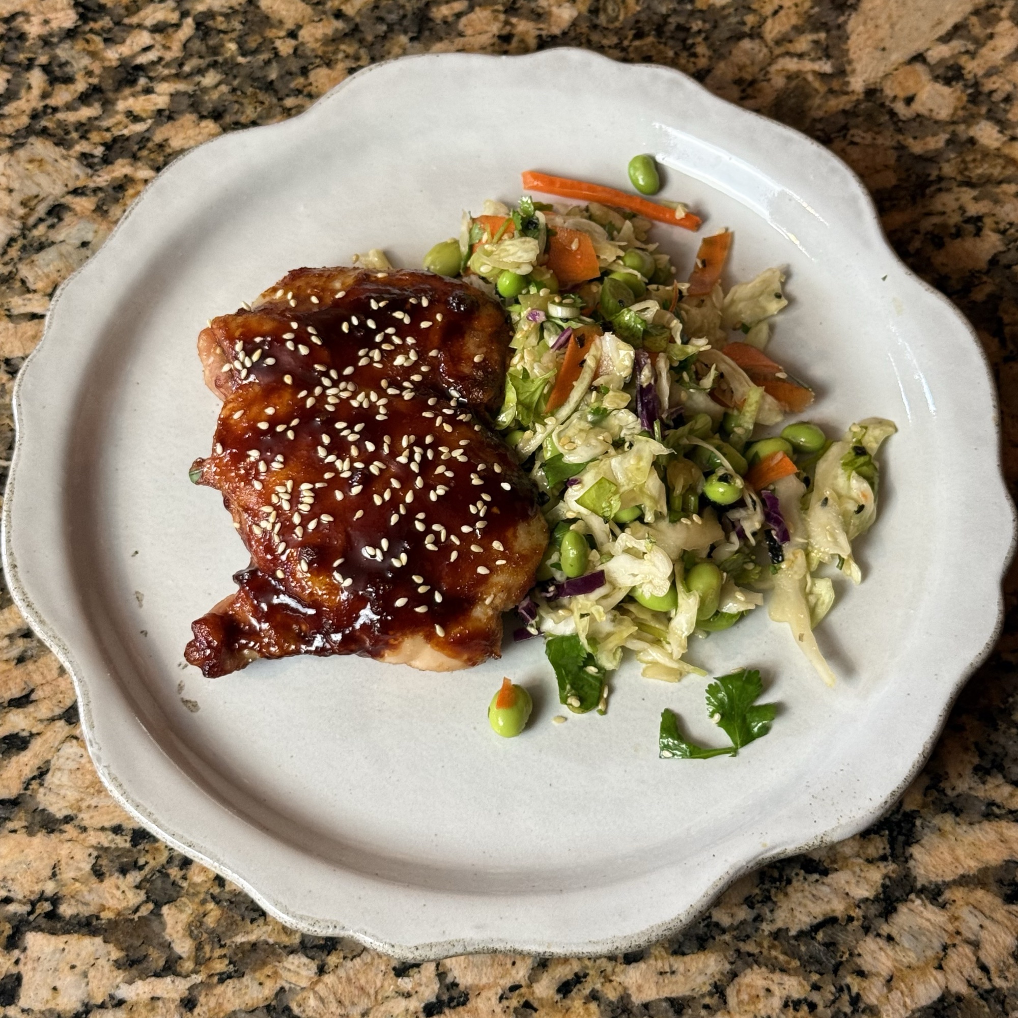 Sesame teriyaki chicken with slaw, prepared by Doble Culinary