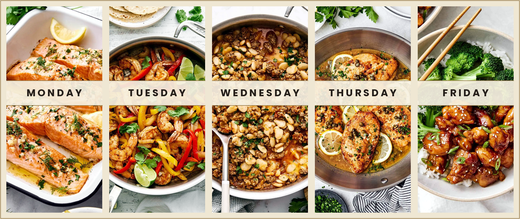 A sample week of meals prepared by Doble Culinary, Monday through Friday